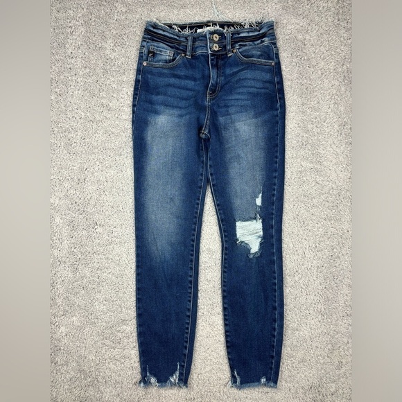 Kancan Jeans Womens 5 Gloria High Rise Ankle Skinny Dark Wash Distressed Holes - Picture 1 of 5